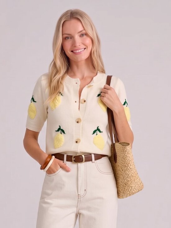 Sweaters - Women's Beige Lemon Embroidered Knit Button Front Cardigan Short Sleeve